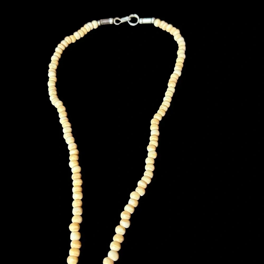 Carved and Beaded Bone Metal Multiple Strand Cat Face Hook and Loop Necklace